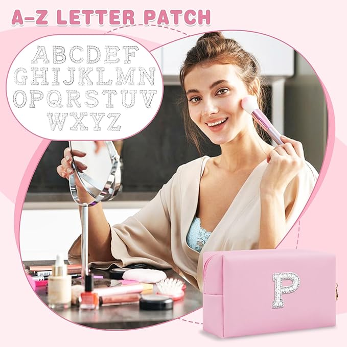 ChaoGreat Bride Gifts – Personalized Initial Makeup Bag with Pearl Rhinestone Patch, Preppy Pink Monogram Cosmetic/Toiletry Pouch, bridesmaid Gifts, Bridal Shower Gifts, Wedding Gifts, Bridal Gifts,P