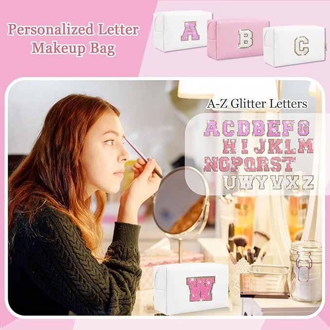 Small Personalized Glitter Initial Letter Makeup Bag, Cute PU Leather Chenille Letters Cosmetic Bag Travel Makeup Pouch, Preppy Travel Organizer Zipper Pouch for Women&Girls（WhiteRosePink-W）
