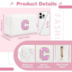 Small Initial Patch Makeup Bag Personalized Gifts Make Up Bag,White Cute PU Leather Glitter Letter Cosmetic Bag with Zipper,Trendy Portable Travel Toiletry Pouch,Preppy Stuff for Teen Girls Women C
