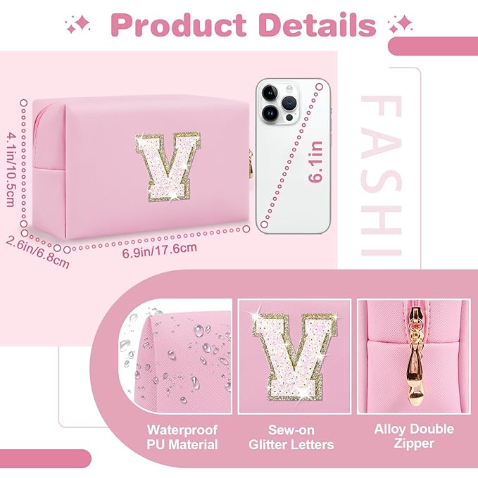 Small Personalized Initial A-Z Patch Makeup Bag,Pink Cute PU Leather Glitter Letter Cosmetic Bag for Teen Girls,Travel Toiletry Bag with Zipper,Preppy Monogrammed Birthday Gift for Daughter Niece V
