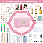 Small Personalized Initial A-Z Patch Makeup Bag,Pink Cute PU Leather Glitter Letter Cosmetic Bag for Teen Girls,Travel Toiletry Bag with Zipper,Preppy Monogrammed Birthday Gift for Daughter Niece T