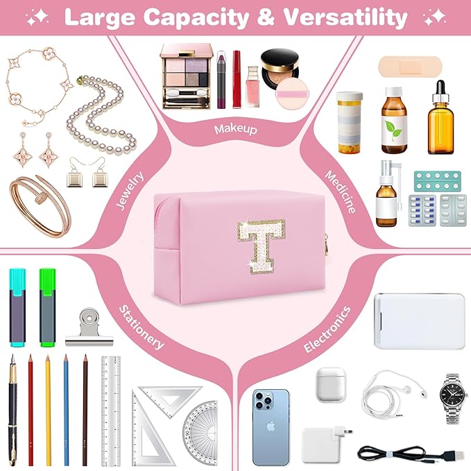 Small Personalized Initial A-Z Patch Makeup Bag,Pink Cute PU Leather Glitter Letter Cosmetic Bag for Teen Girls,Travel Toiletry Bag with Zipper,Preppy Monogrammed Birthday Gift for Daughter Niece T