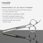 Fromm Transform 5.75" 28 Tooth Thinning Shears for Haircutting Wet and Dry Hair, Polished Silver Japanese Steel Scissors with Beveled Blades and Microserrated Thinning Teeth