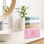 Personalized Initial A-Z Preppy Patch Makeup Bag,Small PU Leather Chenille Letter Cosmetic Bag with Zipper for Teen Girls,Pink Cute Travel Toiletry Bag,Birthday Monogrammed Gift for Daughter,Letter A