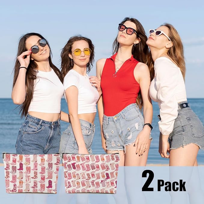 2pcs Western Makeup Bag Western Gifts for Women Cosmetic Bag Cowgirl Gifts for Women, Girls Sister, Pink Boots Cowboy Boots Gift Christmas Birthday Gift, Cowgirl Stuff