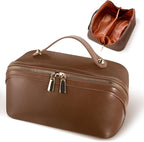 Abiudeng Travel Makeup Bag Large Capacity Toiletry Bag for Travel Essentials Open Flat Makeup bag Organizer with Divider and Handle-Brown