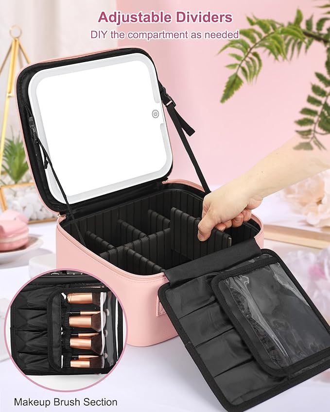 Relavel Initial Makeup Bag with LED Mirror for Women Girls, Personalized Travel Cosmetic Organizer Train Case, Birthday Gifts for Grandkids Bridesmaid Graduation Teacher Friends, Trendy Stuff, Pink M