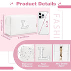 Bride Gifts – Personalized Initial Makeup Bag with Pearl Rhinestone Patch, Preppy White Monogram Cosmetic/Toiletry Pouch, bridesmaid Gifts, Bridal Shower Gifts, Wedding Gifts, Bridal Gifts,L