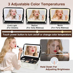 Large Makeup Bag with LED Mirror,Travel Cosmetic Train Case for Makeup Artists,Makeup Organizer Case with Divider Rechargeable Vanity Mirror with 3 Color Lights for Barber,MUA,Nail Tech, Beige