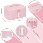 OCHEAL Makeup Bag for Women, Monogram Cosmetic Bag with Brush Holder, Pink Travel Makeup Case Beauty Toiletry Bag Organizer Personalized Gifts for Girls Bridesmaid, Sister, Wife, Friends Initial I