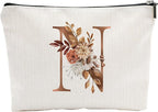 A-Z Boho Personalized Cosmetic Bag-Floral Cotton Letter Makeup Bag With Zipper-Artistic Cosmetic Bag For Travel-Bride,Birthday Gift For Women Daughter Friends-Women Makeup Organizer-A14