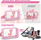 Initial Makeup Bag,Letter J Cute Clear Monogrammed Cosmetic Travel Bag for Womens Girls,Personalized Pink Aesthetic Traveling Make Up Organizer Bag for Beach,Waterproof Toiletry Bag
