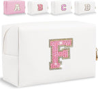Glitter Initial Letter Makeup Bag, Small Personalized Sequins Letters PU Leather Cosmetic Bag Portable Waterproof Makeup Zipper Pouch, Shine Handbag Organizer Travel Bag Gifts for Women&Girls(White-F)