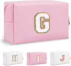 Personalized Initial Preppy Makeup Bag Organizer, Small Travel Cute Pink Cosmetic Bag Toiletry Zipper Pouch, Waterproof PU Leather Monogram Makeup Case Graduation Gift for Teacher Friends(Letter G)
