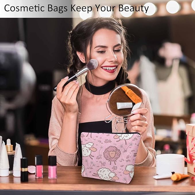 Makeup Bag For Purse Sheep, Farm Animal Weed Flower Sheep Cosmetic Bags For Women With Zipper Travel Toiletry Pouch Makeup Bags Makeup Organizers Purse For Toiletries Cosmetics