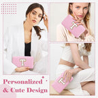 Personalized Initial A-Z Preppy Patch Makeup Bag,Small PU Chenille Letter Cosmetic Bag with Zipper for Teen Girls,Pink Cute Toiletry Organizer Bag,Monogram Makeup Case Gift for Women Girls,Letter T
