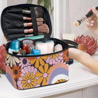 Hippie Daisy 70s 80s Wavy Swirl Design Makeup Bags for Women Large Capacity Toiletry Organizer Bags Portable Tote Cosmetic Pouch with Carry Handle and Brushes Slots Travel Sccessories