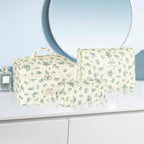3Pcs Makeup Bag Quilted Cotton Cosmetic Bags for Women Large Small Blue Makeup Pouch Set Cute Coquette Floral Travel Bags Portable Skincare Toiletry Bag Vintage Puffy Essential Organizer
