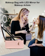 Relavel Makeup Bag with LED Mirror, 16.2 inches Large Professional Makeup Case for Makeup Artists, Travel Portable Cosmetic Organizer Storage Box, Vanity Case with 3 Colors Lighted Mirror, Pink