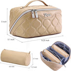 BOYATU Travel Makeup Bags for Women Cosmetic Bag: Puffy Make up Bags Set of 3 - Vegan Leather Makeup Organizer - Waterproof Large Toiletry Bag with Compartments - Travel Essentials (H-2-Khaki)