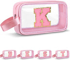 Initial Makeup Bag,Letter K Cute Clear Monogrammed Cosmetic Travel Bag for Womens Girls,Personalized Pink Aesthetic Traveling Make Up Organizer Bag for Beach,Waterproof Toiletry Bag
