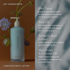 Oak Essentials Luminous Body Lotion | Hydrating Blue Tansy Body Cream with Rose Oil, Turmeric, Shea Butter and Coconut Oil, 1.33 Fl Oz (Travel Size)