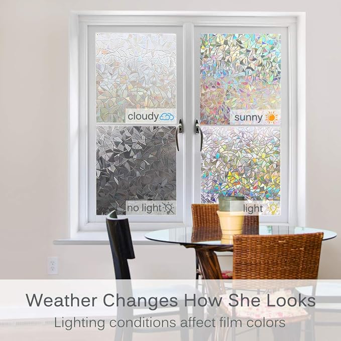 Volcanics Window Privacy Film with Installation Tools, Static Window Clings Vinyl 3D Decals Stickers Rainbow Window Film for Glass Door Home Heat Control Anti UV 11.8 x 78.7 Inches