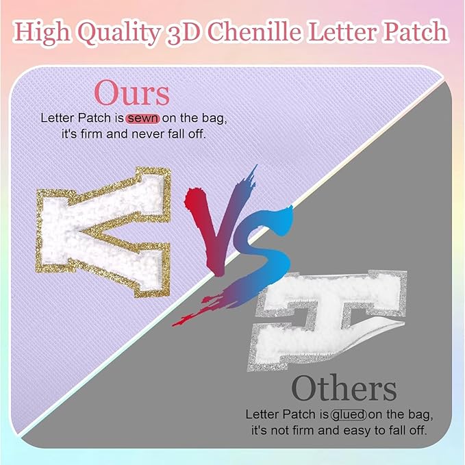 Small Personalized Letter Makeup Bag, Cute PU Leather Chenille Letters Cosmetic Bag Travel Makeup Pouch, Preppy Travel Organizer Zipper Pouch for Women&Girls（Purple-M）
