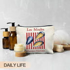 Vintage Mussels Beach Makeup Bag, Red Stripes Nautical Beach Cosmetic Bags for Women, Gifts for Ocean Lovers, Retro Seafood Aesthetic Zipper Makeup Pouch