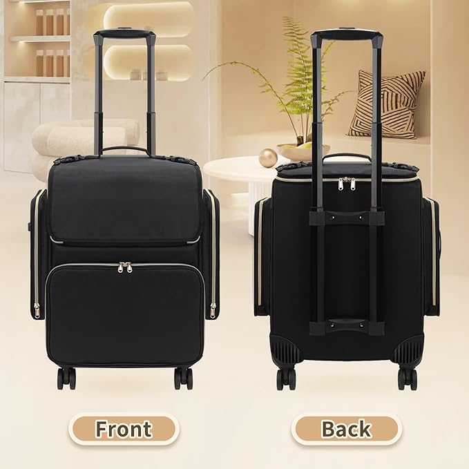 Large Makeup Train Case for Hairstylists & Hairdressers - Cosmetic Organizer with Detachable Pouch, Heat-Insulated & Anti-Scald Full Layer, Hairdressing Tool Storage Trolley with 4 360° Swivel Wheels