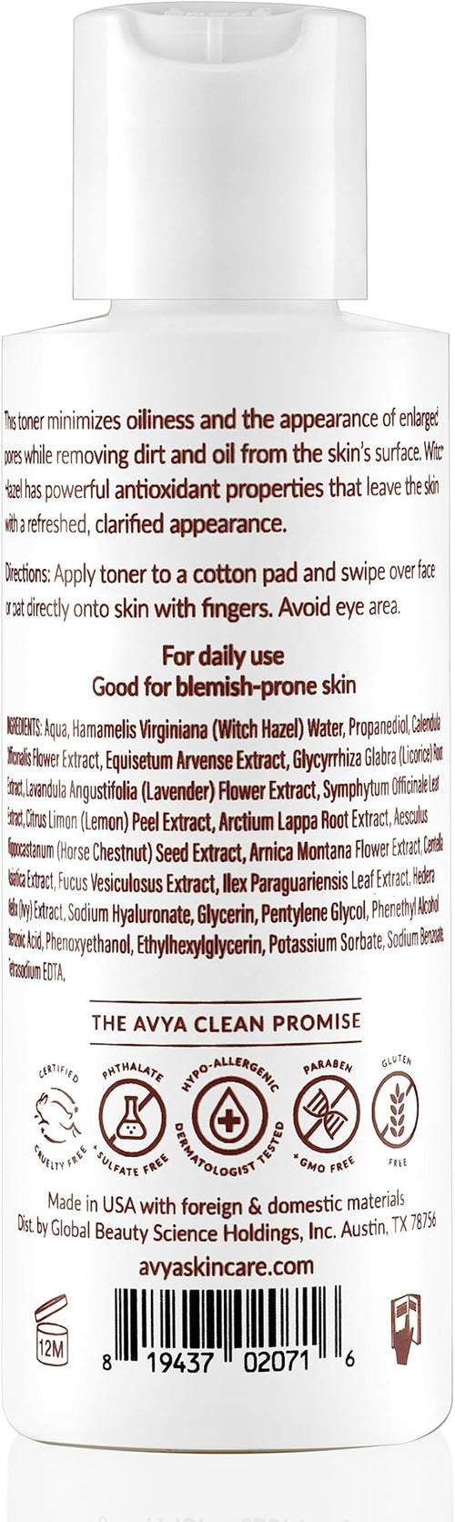 AVYA Pore Minimizing Toner (4 fl oz) - Infused with Hyaluronic Acid, Witch Hazel for Toning and Cleansing, Licorice Root for Soothing and Redness Reduction