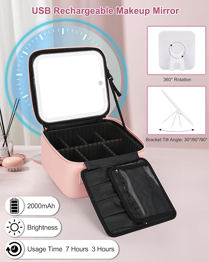 Relavel Initial Makeup Bag with LED Mirror for Women Girls, Personalized Travel Cosmetic Organizer Train Case, Birthday Gifts for Grandkids Bridesmaid Graduation Teacher Friends, Trendy Stuff, Pink R