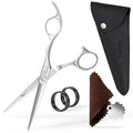 Professional Hair Scissors 5 Inch with Extremely Sharp Blades, 440C Steel Hair Cutting Scissors, Durable, Smooth Motion & Fine Cut, Barber Scissors with Elegant Sheath, Cleaning Leather & Key