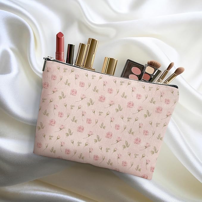 Watercolor Pink Flowers Makeup Bag Floral Cosmetic Bag Friend Friendship Gifts for Women Girls Sister Coworker Bestie Botanical Travel Organizer Zipper Pouch Christmas Thanksgiving Birthday Gifts