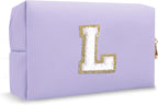 Personalized Initial Preppy Makeup Bag Organizer, Small Purple Cute Cosmetic Bag Travel Toiletry Zipper Pouch for Women, Portable Waterproof PU Makeup Case Birthday Gifts for Friends Teacher(Letter L)
