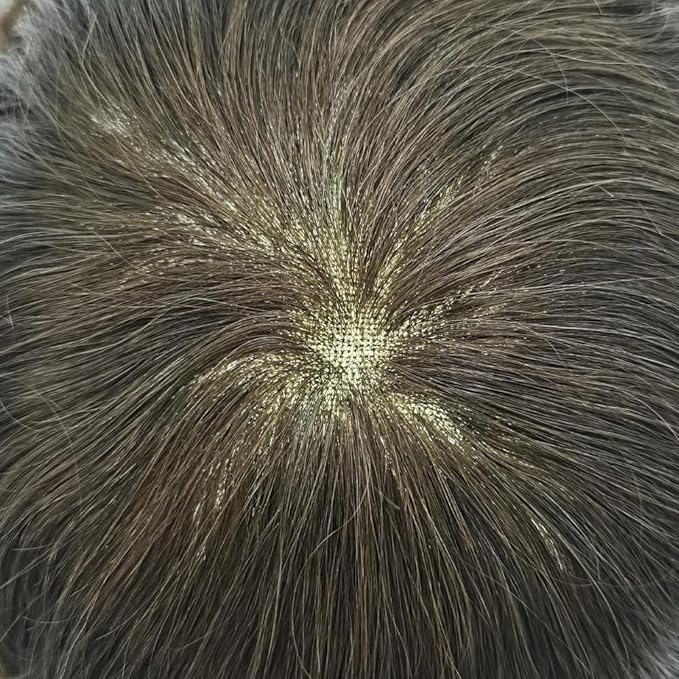 Toupee for Men French Lace Mens Toupee Human Hair Replacement Systems Lace Center with PU Around Hair Piece V-Looped Front Male Hair Prosthesis 7"X9" 4# MEDIUM BROWN
