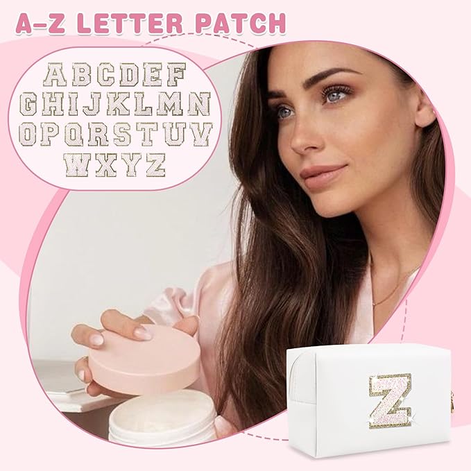 Small Initial Patch Makeup Bag Personalized Gifts Make Up Bag,White Cute PU Leather Glitter Letter Cosmetic Bag with Zipper,Trendy Portable Travel Toiletry Pouch,Preppy Stuff for Teen Girls Women Z