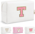 Personalized Small Travel Preppy Makeup Bag, Chenille Letter White Cute Makeup Bag Initial Cosmetic Pouch Toiletry Organizer, PU Leather Waterproof Makeup Storage Gifts for Teacher Women(Letter T)