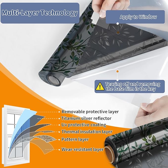 One Way Privacy Film, Window Tint for Home,Daytime Reflective, Anti UV Static Cling Sliding Door Coverings No Glue Garage Solar Paper (Black - Silver-Leaves, 45.27 x 157.4 in)