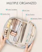 Vlando Makeup Bag,Large Capacity Toiletry Bag for Women Waterproof Portable Make up Pouch PU Leather Open Flat Cosmetic Bag(Baby Blue)