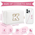 Small Personalized Initial A-Z Preppy Patch Makeup Bag,White PU Chenille Letter Travel Cosmetic Pouch with Zipper,Cute Toiletry Bag,Gift Ideal for Teen Girls Women Teacher Bridesmaid,Letter K