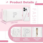 Bride Gifts – Personalized Initial Makeup Bag with Pearl Rhinestone Patch, Preppy White Monogram Cosmetic/Toiletry Pouch, bridesmaid Gifts, Bridal Shower Gifts, Wedding Gifts, Bridal Gifts,P
