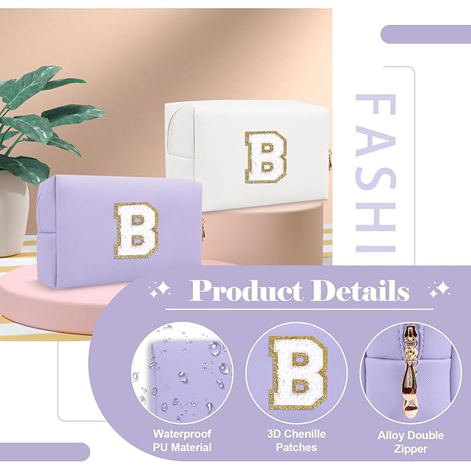Personalized Makeup Bag Initial A-Z Preppy Patch Bag,Small PU Leather Travel Cosmetic Bag Pouch with Zipper,Purple Cute Toiletry Bag,Gift Ideal for Teen Girls Women Birthday Friend Mom,Latter B