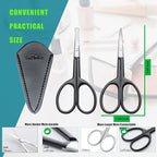 Facial Hair Small Grooming Scissors For Men Women - Eyebrow, Nose Hair, Mustache, Beard, Eyelashes, Ear Trimming Kit - Curved and Rounded Safety Tip Clippers For Hair Cutting 2PCS With Cover Black