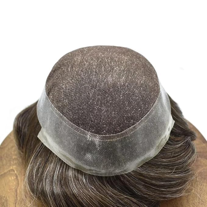 Toupee for Men French Lace Center Human Hair Replacement Systems Lace Center Hair Piece Mens Toupee Hair Units for Man V-Looped Male Hair Prosthesis 7"X9" #330 Dark Brown with 30% Gray
