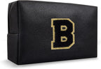 Personalized Initial Travel Preppy Makeup Bag, Small Cute Black Cosmetic Pouch Monogram Toiletry Organizer with Zipper, Waterproof PU Make Up Bags Storage Birthday Bridal Shower Women Gift (Letter B)