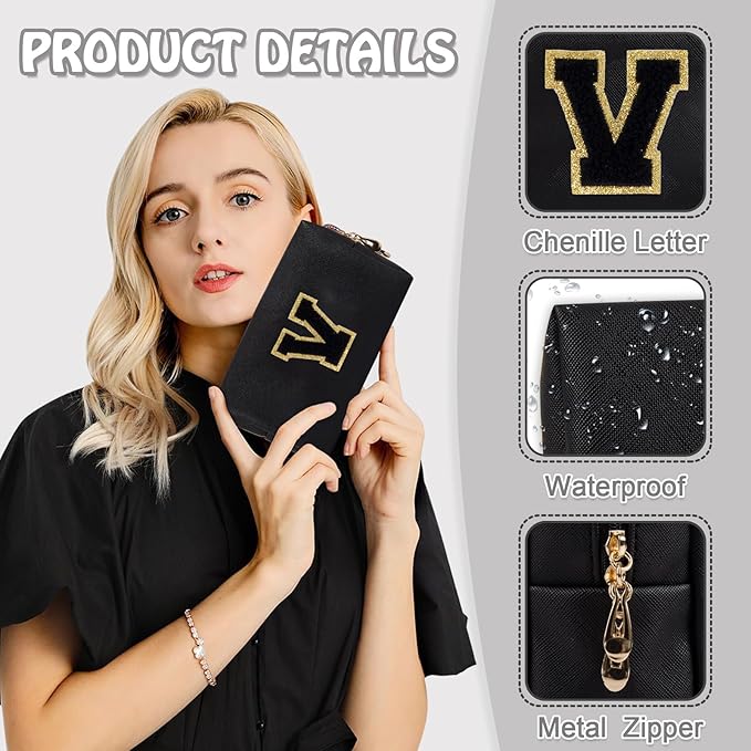 Personalized Initial Preppy Patch Makeup Bag, Travel Toiletry Zipper Pouch Cute Black Cosmetic Organizer Small Makeup Bag for Purse, PU Chenille Letter Make Up Bags Storage Gifts for Women(Letter V)