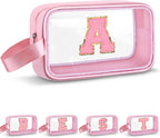 Initial Makeup Bag,Letter A Cute Clear Monogrammed Cosmetic Travel Bag for Womens Girls,Personalized Pink Aesthetic Traveling Make Up Organizer Bag for Beach,Waterproof Toiletry Bag