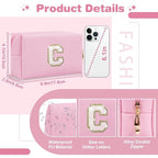 Small Personalized Initial A-Z Patch Makeup Bag,Pink Cute PU Leather Glitter Letter Cosmetic Bag for Teen Girls,Travel Toiletry Bag with Zipper,Preppy Monogrammed Birthday Gift for Daughter Niece C