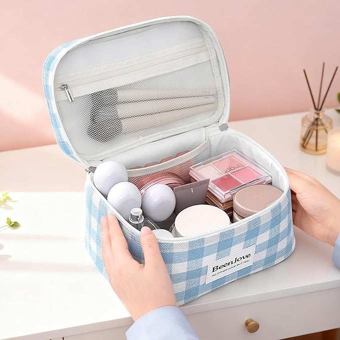 FAELBATY Makeup Bag Large Checkered Fabric Toiletry Organizer Bag for Women Girls (Rose Red)